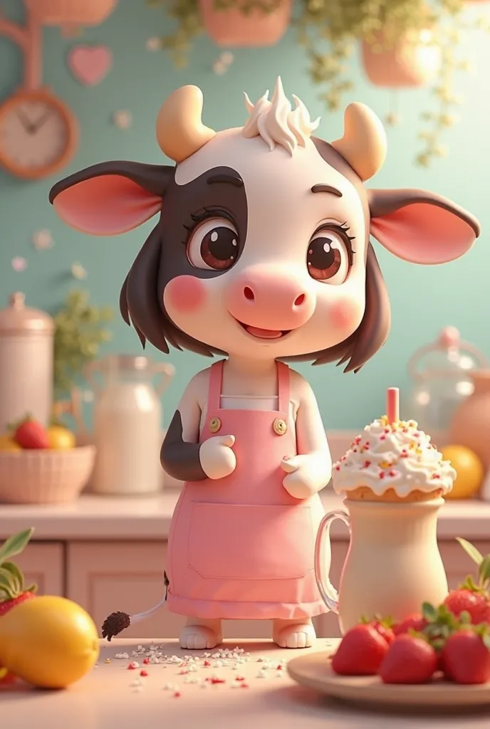 Create a cute 3D animated cow girl with big milk-producing features in an adorable anime style, making smoothie and milkshake menus.