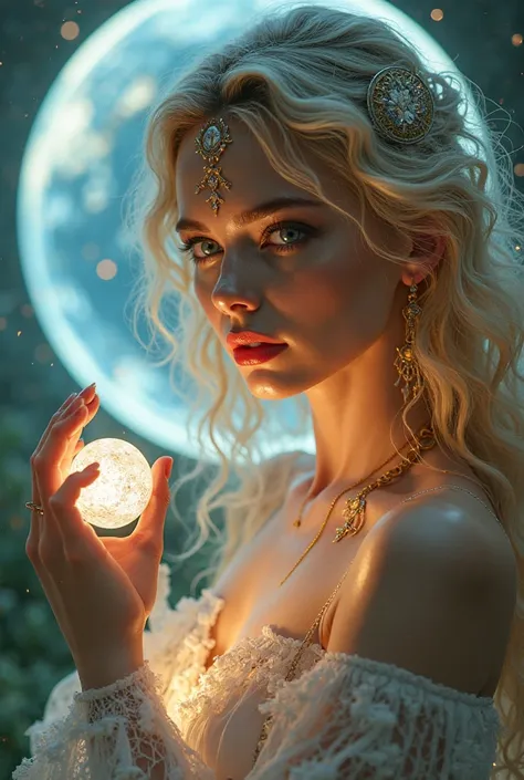  for one beautiful woman ,  golden ratio,Beautiful blonde, blue eyes，Erotech Spirit: Queen of Light， sexy,ecstasy, accessories，ball of light in hand ，Mysterious Orb Reflecting the Earth， woman，red lipstick, God's Mark ,  full body shot on one side