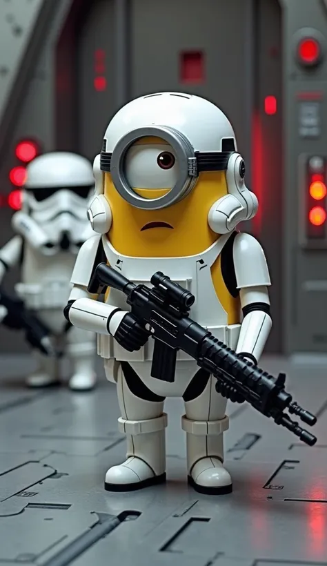 "A disciplined yet clumsy Minion dressed as a classic Stormtrooper, wearing the signature white armor with slight modifications to fit its rounder body. The Minion holds an E-11 blaster rifle in a slightly awkward stance, as if struggling to aim properly. ...