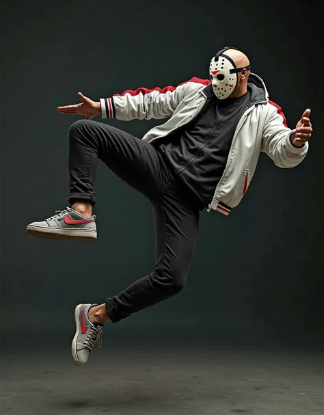 (photorealism:2.0), Jason Voorhees wearing a white jacket with red and black stripes, Black pants, tênis sport. Jason's body is in the air, diagonally.  Kicking with the feet, diagonally in a flying motion.