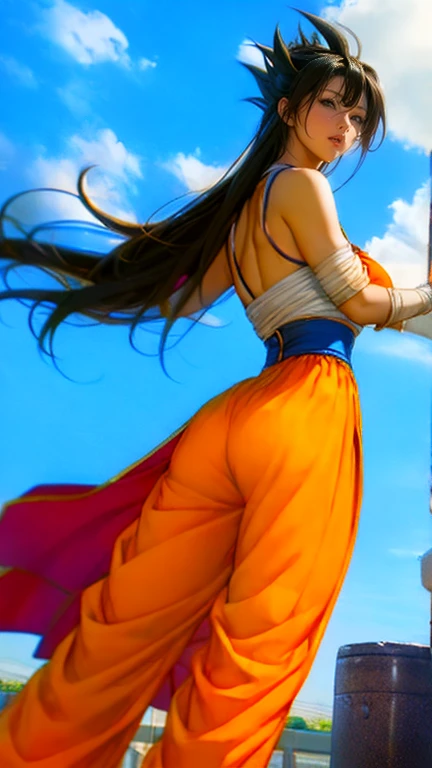  Goku Costume、long legs、Black Hair Fluttering in the Wind、glamorous、wears bandages on both hands、takes a martial arts stance、Also々Performance、thin waist