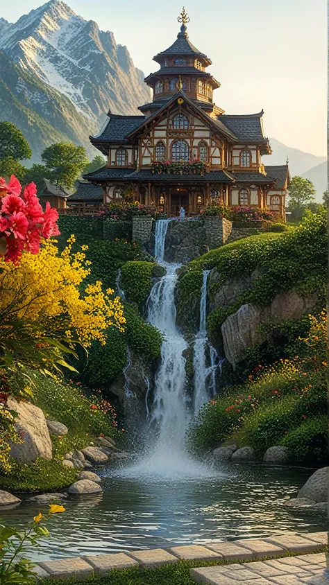 a small village by the river, mountains in the background, floral flowers colorful, detailed landscape, Beautiful natural landscapes, atmospheric lighting, scorching sunset, warm colours, practical, photopractical, Detailed Foliage, complex buildings, cobb...