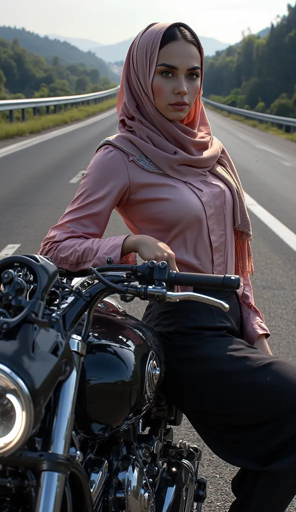 A beautiful woman behijab ,wearing a big, dense boob rider shirt, leaning on a GP 1000 cc motorcycle, stop on a highway