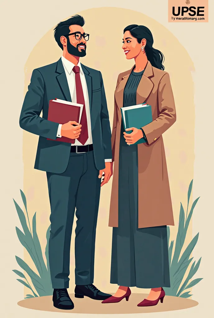 Create a desktop size thumbnail in which the Man and Woman standing in IAS uniform with books of UPSE and write in the rightside upper corner of poster By (UPSE by Marathimarg.com)
