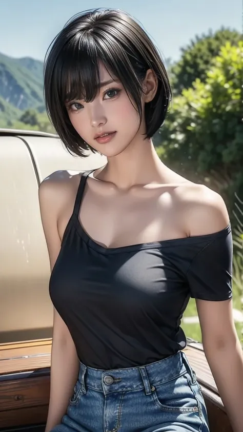 8k, RAW photo, Top Quality, masterpiece, realistic, Photorealistic, (ultimate beauty), 21 years old,  beautiful face、cute、very detailed face,  detailed eyes,  black recreational vehicle 、 professional makeup,(smile:1.5)、(   black hair)、( very short hair:1....