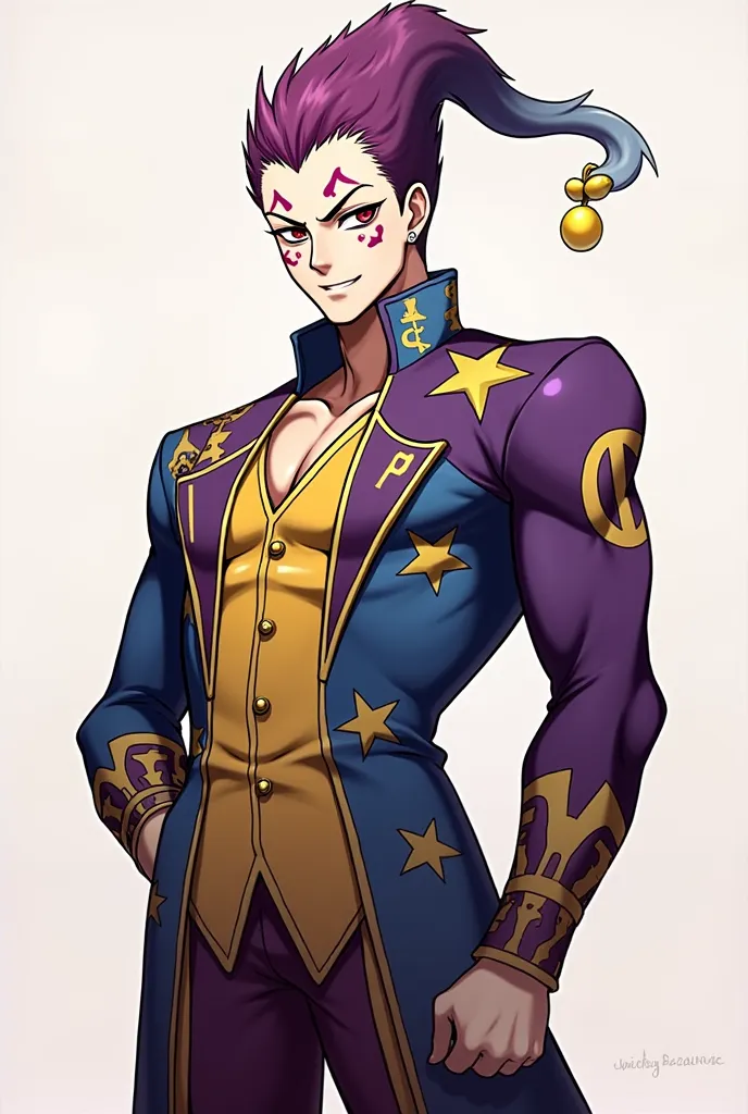 Hisoka's appearance is similar to that of a wizard or jester . He is tall and has fair skin and a very muscular physique. His outfit is usually adorned with various costume symbols ( ♦ /♦ ♣ /♣ ♥ /♥ ♠ /♠ ) on his front and back torso, and he changes his out...