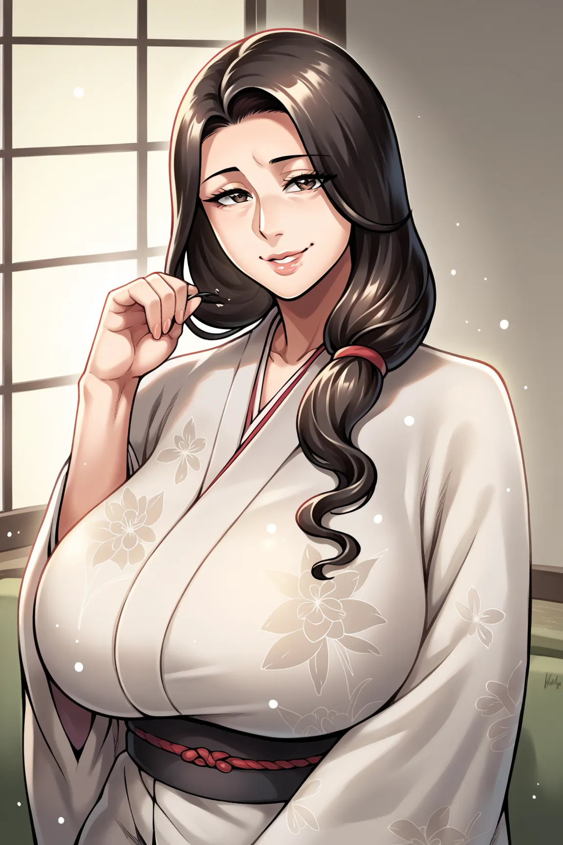 Fumiko  , a girl,Alone ,Mature woman,long hair, Polka Dots Under Her Mouth , very big breasts,white kimono,cowboy shot,Sexy hands on sexy hips,looking at the spectator,  smile,indoors