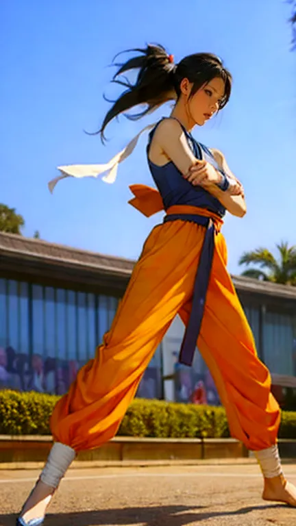  Goku Costume、long legs、Black Hair Fluttering in the Wind、glamorous、wears bandages on both hands、takes a martial arts stance、Also々Performance、thin waist