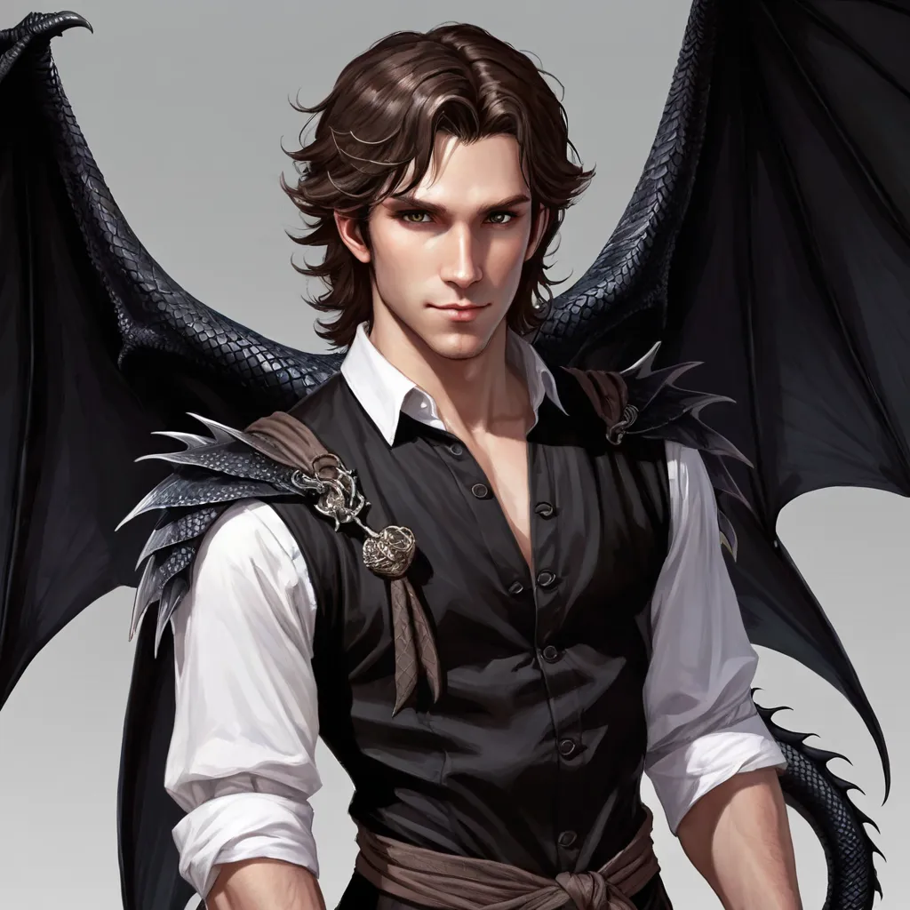  White man, pretty face, waist-length and brown hair, black dragon wings, black dragon tail, rpg, d&d,  black clothes, tied hair,  dragon scales ,  tail, Black wings