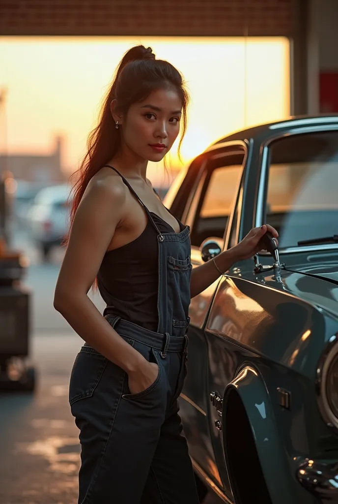 (photorealism:1.2), Full body view. A classic Muscle car, being repaired by a three of 35 year old beautiful Asian chubby curvy female mechanic, Replacing replacing a burst tires with new ones, Sweating filled with oil spills, big-breast round shape, hour-...