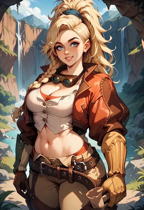 1girl, large breasts, small waist, wide hips, thick thighs, mhGemma, blonde hair, long hair, high ponytail, braid, blue eyes, freckles, goggles around neck, red jacket, crop top, single gauntlet, tool belt, brown pants, chaps, outdoors, canyon, smile, cowb...