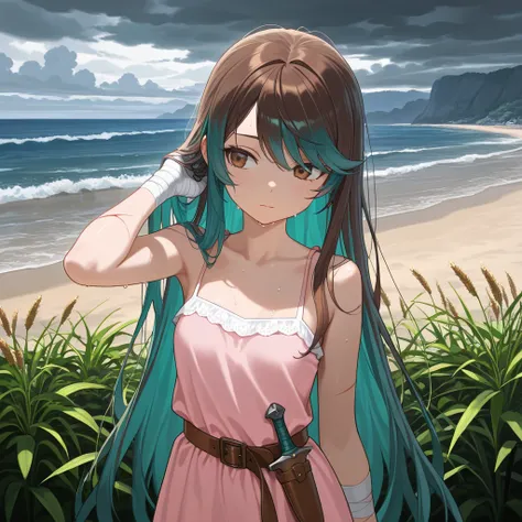 masterpiece, best quality, amazing quality, very aesthetic, newest, solo, 1girl, upper body, multicolored hair, brown hair, teal hair, very long hair, swept bangs, brown eyes, closed mouth, thin, small breasts, bare shoulders, pink sundress, bandaged hands...