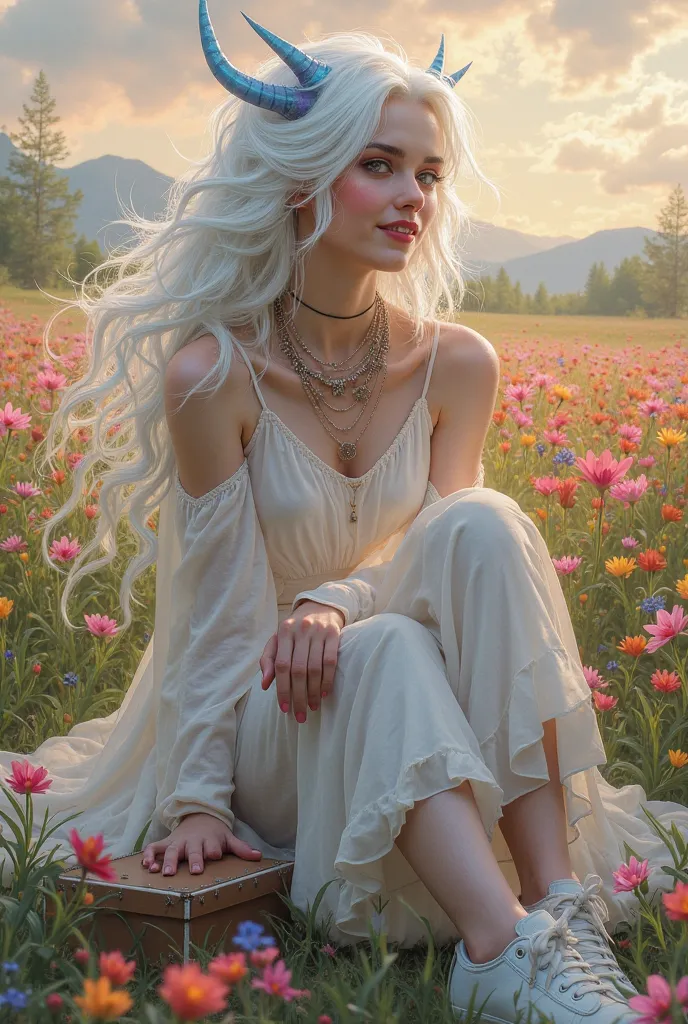  Demon Woman, white dress, white hair blue highlights, white sneakers sunglasses necklaces sitting in a field of flowers,He is happy to find a small box, On a pink sunset 