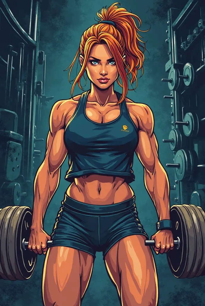 a bold and dynamic illustration with a fitness theme. The background portrays a gym setting, featuring dark-toned details of dumbbells and gym equipment, creating a gritty and powerful atmosphere. At the center stands a muscular and athletic female charact...