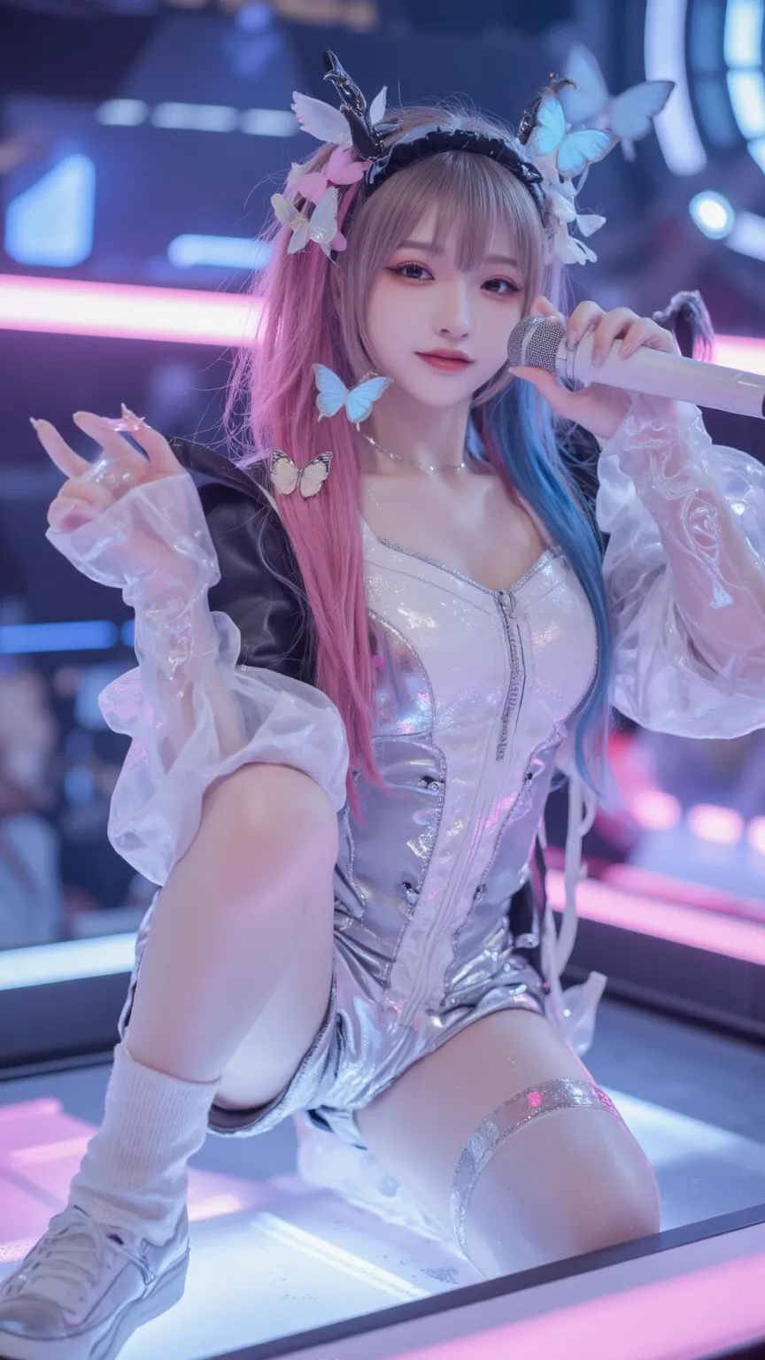 A cute cyberpunk idol girl performing on a holographic stage, neon pink and blue lights surrounding her, futuristic microphone, digital butterflies floating around, ultra-detailed, anime-style