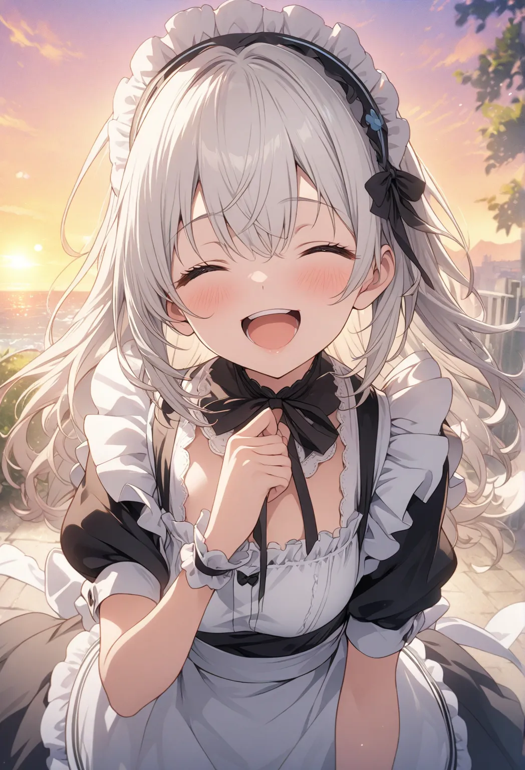 masterpiece, Best Quality, Highly Detailed CG Unity 8k Wallpaper, anime illustration of a high school girl. Attractive Poses、Close your eyes、opening your mouth, smile.  The background is a pastel-colored landscape, White hair color, yellow eyes、maid clothe...