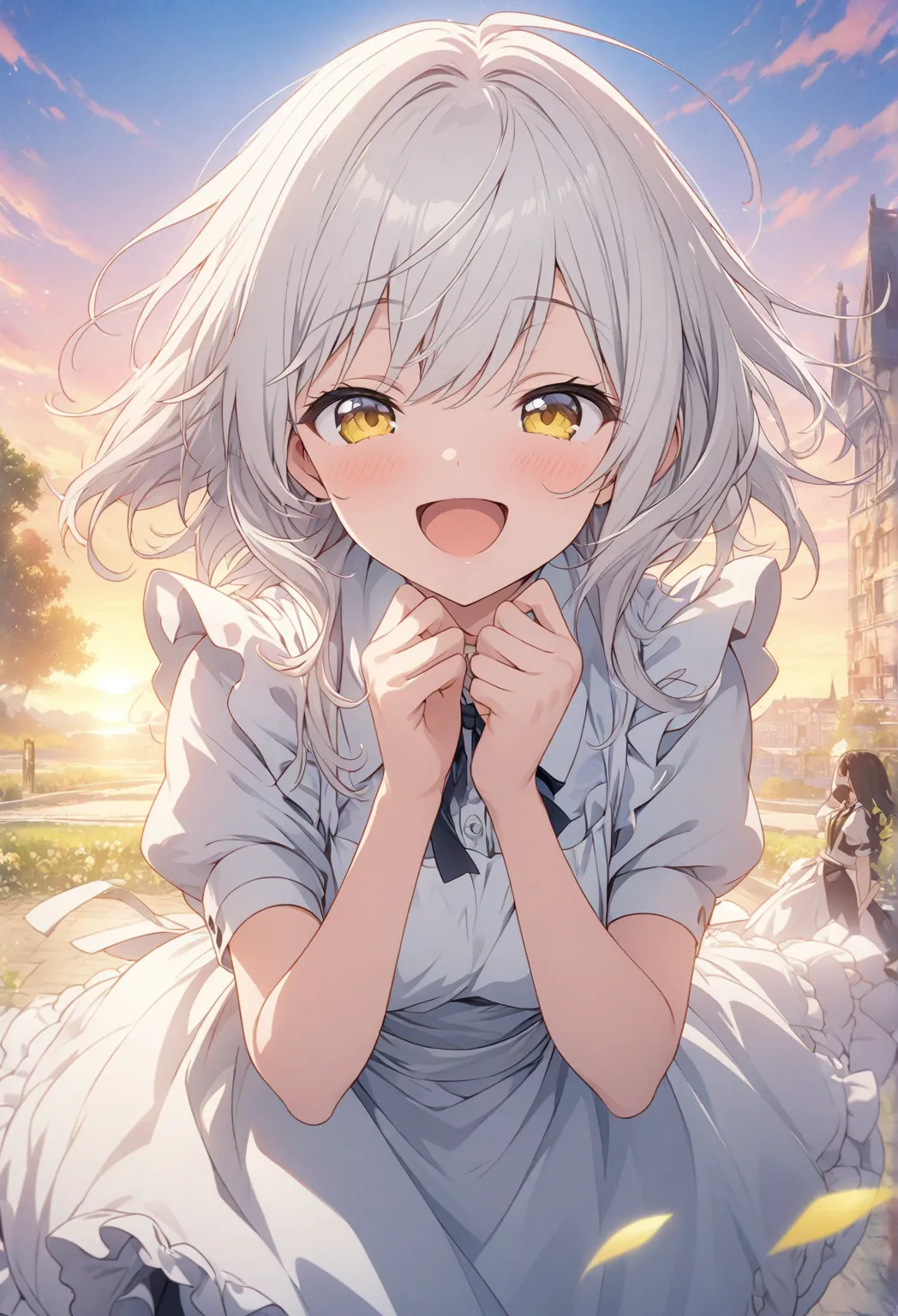 masterpiece, Best Quality, Highly Detailed CG Unity 8k Wallpaper, anime illustration of a high school girl. Attractive Poses、Close your eyes、opening your mouth, smile.  The background is a pastel-colored landscape, White hair color, yellow eyes、maid clothe...