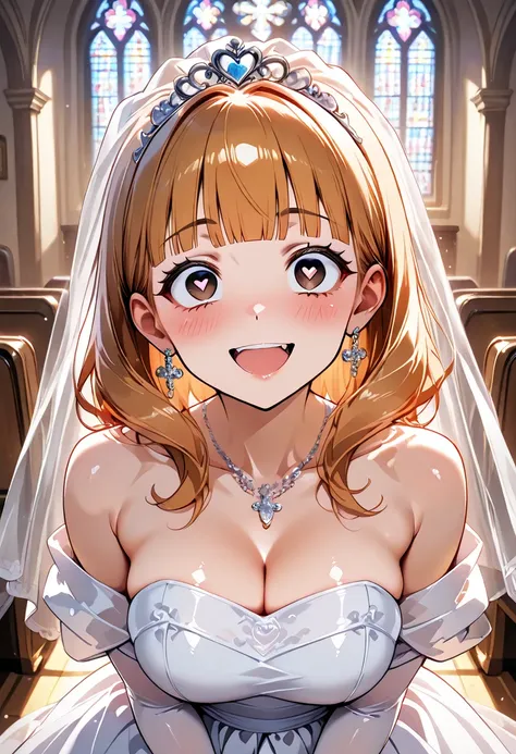 1Woman, standing, in living room, fair skin, orange hair, blunt bangs, brown eyes, smiling, adult, Wedding dress, crazy eyes, heart pupils, 30 years old, in church, happy, mature