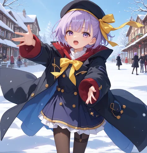 ((black coat:1.3)),snow,reaching,smiles,skirt,tights,garter straps,((masterpiece,best quality:1.2)), 1girl ,Kazuradrop,White beret with blue lines:1.2,purple hair,purple eyes,short hair,single sidelock,yellow ribbon
