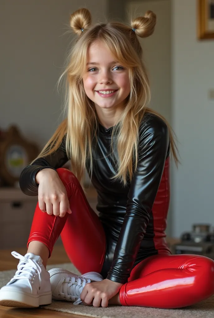 Young girl is posing on a table, her legs are wide spread in a split, she is wearing a black-red  latex catsuit and white sneakers, cute face and sexy smile, long blond hair in two tight pigtales, realistic photo