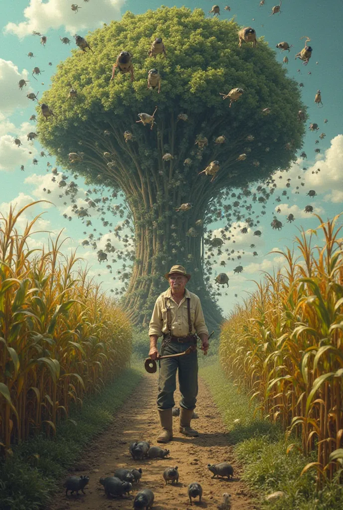 A farmer in a corn grove cuts down a huge tree from which hundreds of rats came out, which filled the ground and the sky was raining frogs