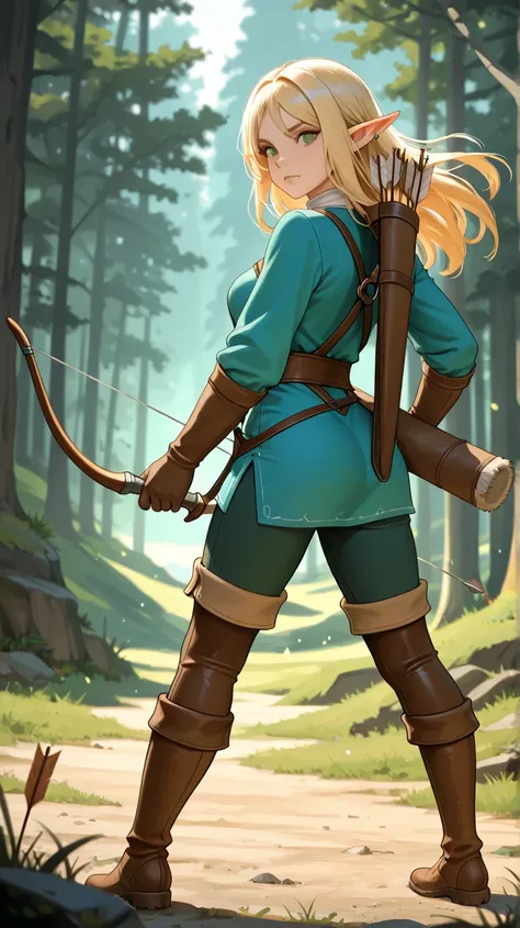 Make an elf man , blond hair, green eyes, blue and white clothes, With a bow and arrow on the back, defined body, RPG style