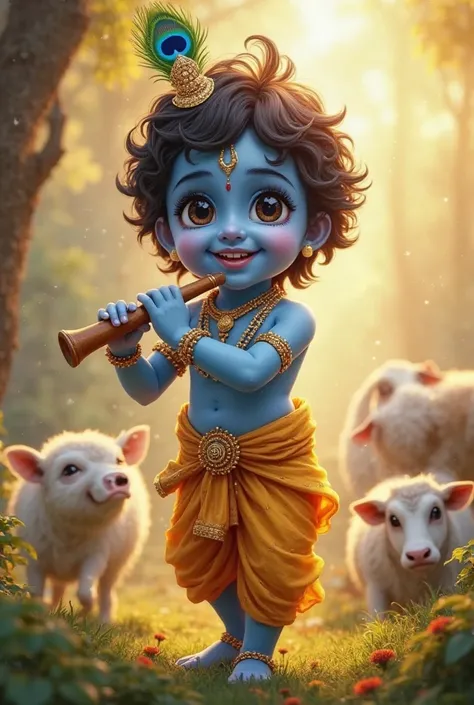 Create a realistic image of Little Krishna with a charming smile, his blue skin glowing with divine grace. He wears a delicate peacock feather crown and a traditional yellow dhoti. His expressive eyes radiate mischief and love as he holds a flute, surround...