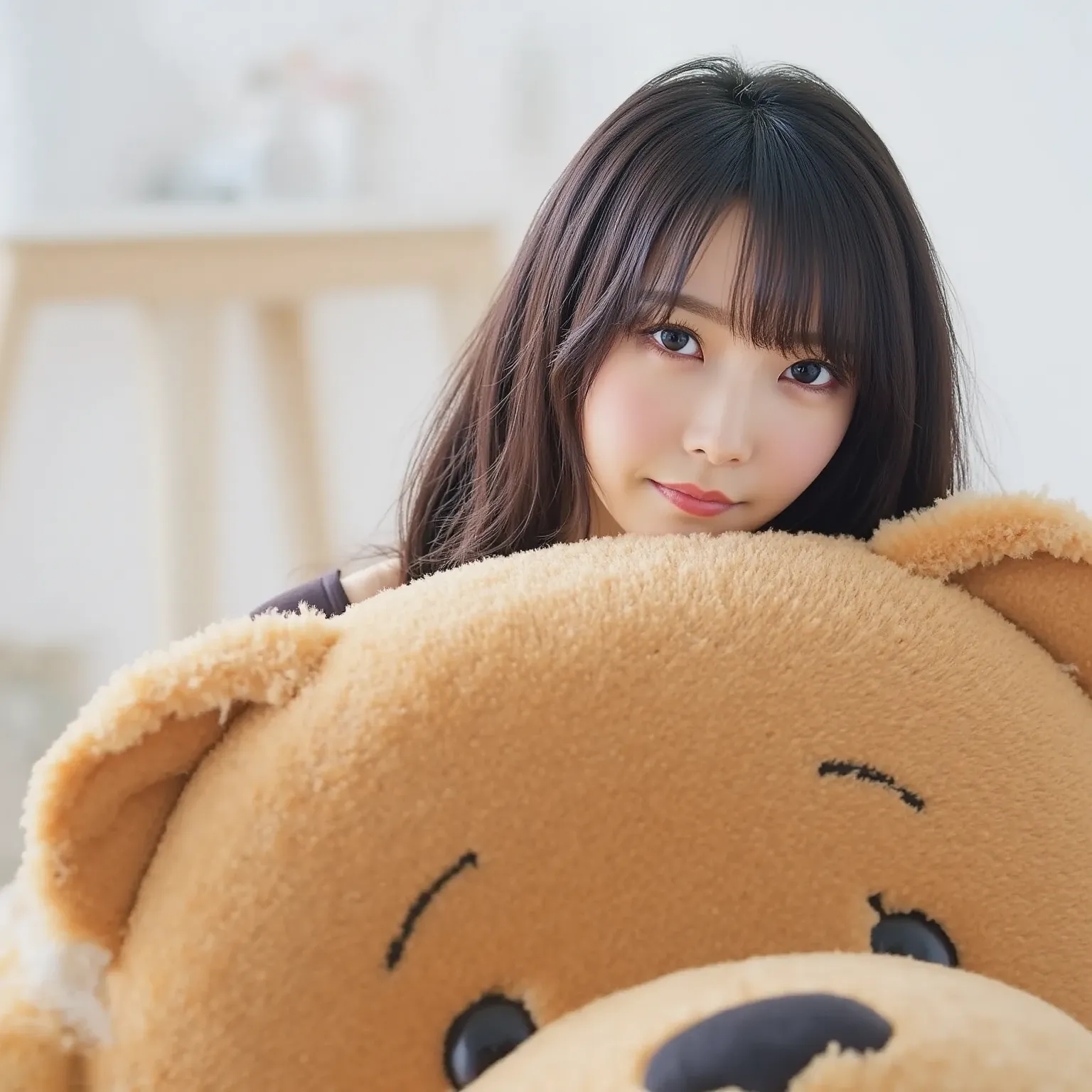 「A playful Japanese woman with a mischievous smile peeks her face out from the mouth of a giant stuffed animal. The stuffed animal is soft and colorful, resembling a cute, oversized bear or lion. The woman has dark, straight hair and is wearing casual, fun...