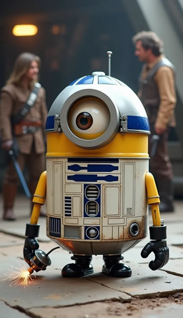 "A hilariously unique Minion fully converted into an astromech droid, with a round metallic blue-and-white body, mimicking R2-D2’s classic design. Its large, single goggle replaces R2-D2’s main sensor, giving it a quirky yet robotic expression. Small, stub...