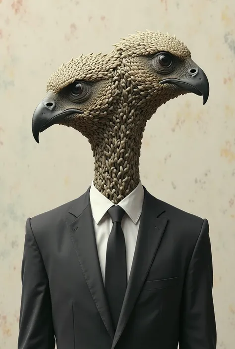 The person wearing the suit has the head of a bird with two heads in the pattern of Thai painting lines.