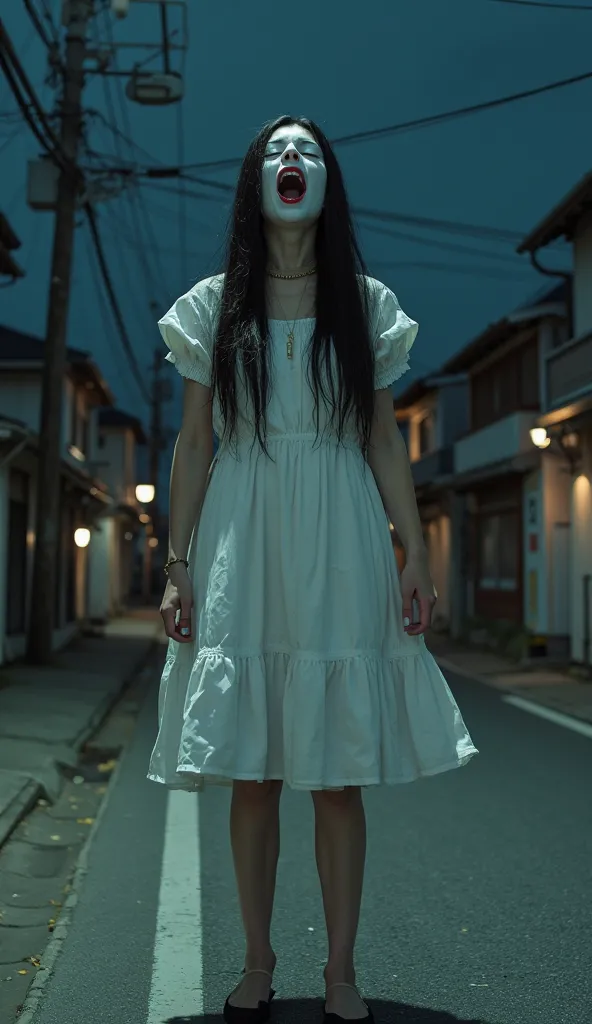 Kuchisake onna in knee-length white dress looking up screaming on a dark street on a sidewalk in Japan,  ultra real and professional images