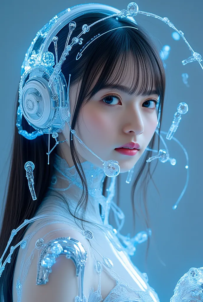 Android Girl Blueprint, (masterpiece:1.2, Exceptional Quality, mirror-like, Cinematic Experience, Photorealistic:2.0, RAW Photos:2.0, Super detailed), 8k,wallpaper, (Representing blueprints through holograms:2.0), (Beautiful woman:2.0), Female Cyborg, Whit...