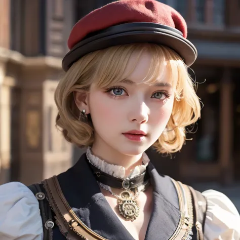 close-up,  blond short curly  girl with straight hair little red hat, Necklace Watch, (  Victorian Era ), (( steampunk)),   cinematography , Worked,  elegant , Close up portrait of ,  amazing,  Maximum Details ,  Extremely Hyper Aesthetic ,  Charming Eliza...