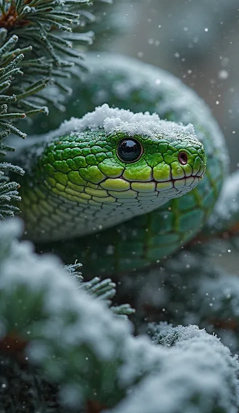 "A hyper-realistic close-up of a vibrant green snake with intricate scale details, hiding within the dense, snow-covered branches of a pine tree. The snake's head peeks out between the frosty needles, its large glossy black eyes reflecting light, giving it...