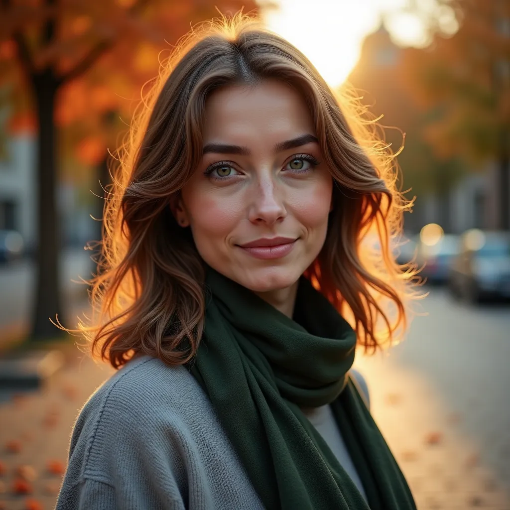 "A hyperrealistic photograph of a 30-year-old woman standing in a softly lit urban park at golden hour, just before sunset. She has shoulder-length wavy brown hair with subtle golden highlights, fair skin with a few delicate freckles across her nose and ch...