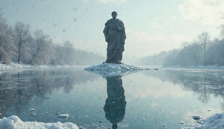 33. A frozen lake reflecting a massive statue of Marcus Aurelius, symbolizing the mirror of the soul -- crisp reflections, poetic and peaceful ambiance  
