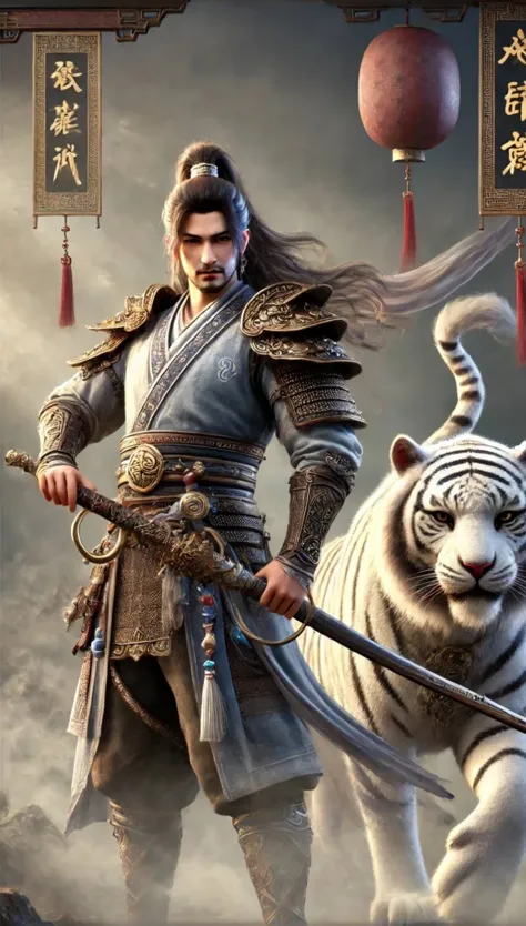 Please change the clothes to red，Change weapon to knife，There must be fire on the tail of the white tiger