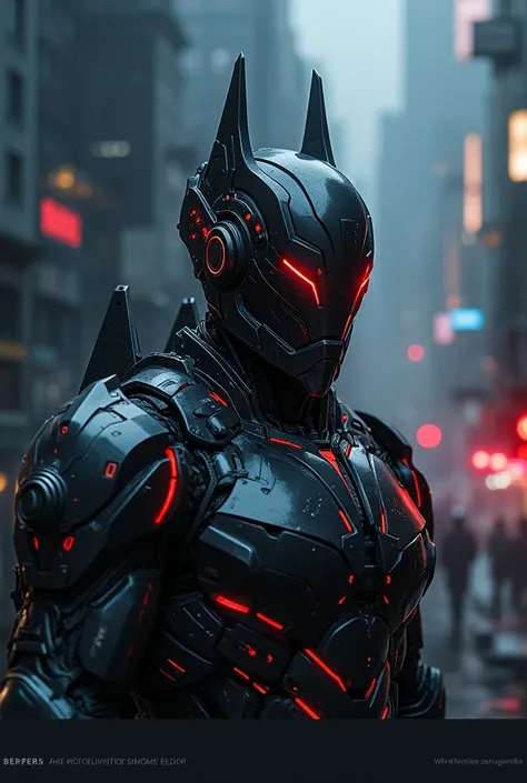 A cybernetic warrior in a high-tech exoskeleton covered in massive dark armor, Dark metal armor with sharp, angular shapes and glowing red elements. Helmet with pointed ears, similar to a tactical combat suit. Detailed mechanical structure, cyberpunk style...