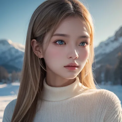  vintage fantasy , Masterpiece, Magnificent art,  top quality,  One Girl ,   close-up girl Nordic princess , Scandinavian Mountains々, Winter Weather, Symmetrical and ultra-detailed face , Peach Silky Smooth Skin , Bright and aggressive green eyes,  White D...