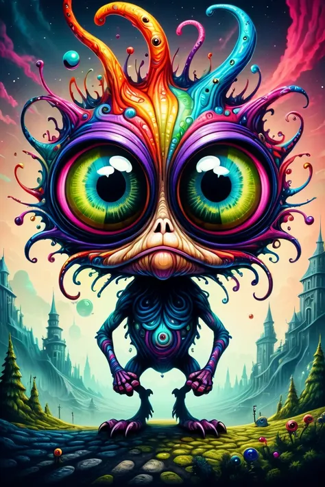 evoke feelings of wonder by creating a surreal fantasy image of a colorful weird big eyed creature that exist in impossible juxtapositions, defy gravity, change shape, Bizarre, Subconscious, high contrast