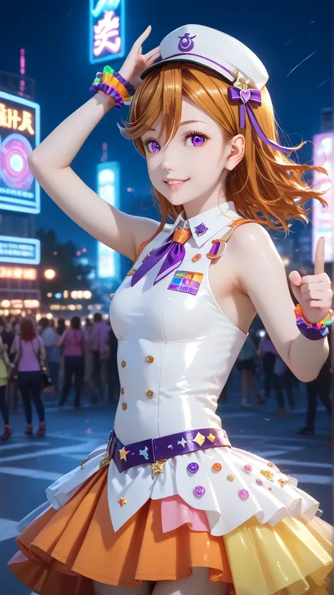 Shibuya Kanon、idol costume、orange hair、Small breasts、 purple eyes