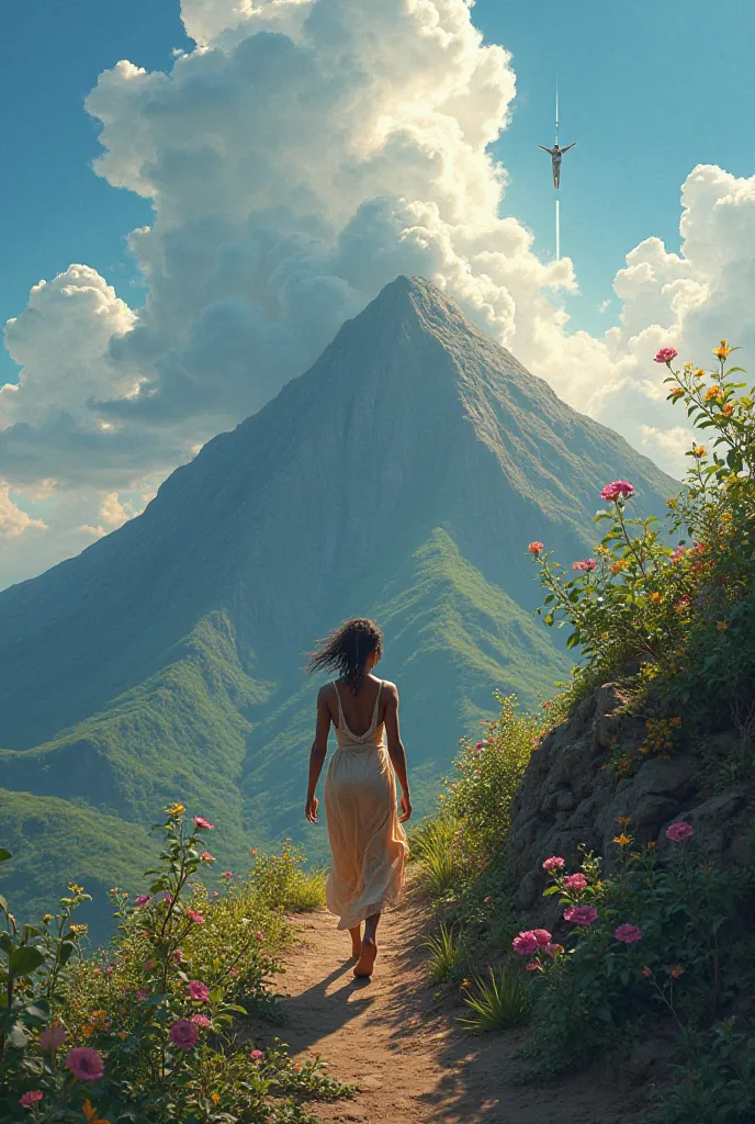 Picture this sentence -"I want to climb the mountain you're waiting for me there Jesus ". Image featuring a Caribbean woman in a setting of Mount Pelée