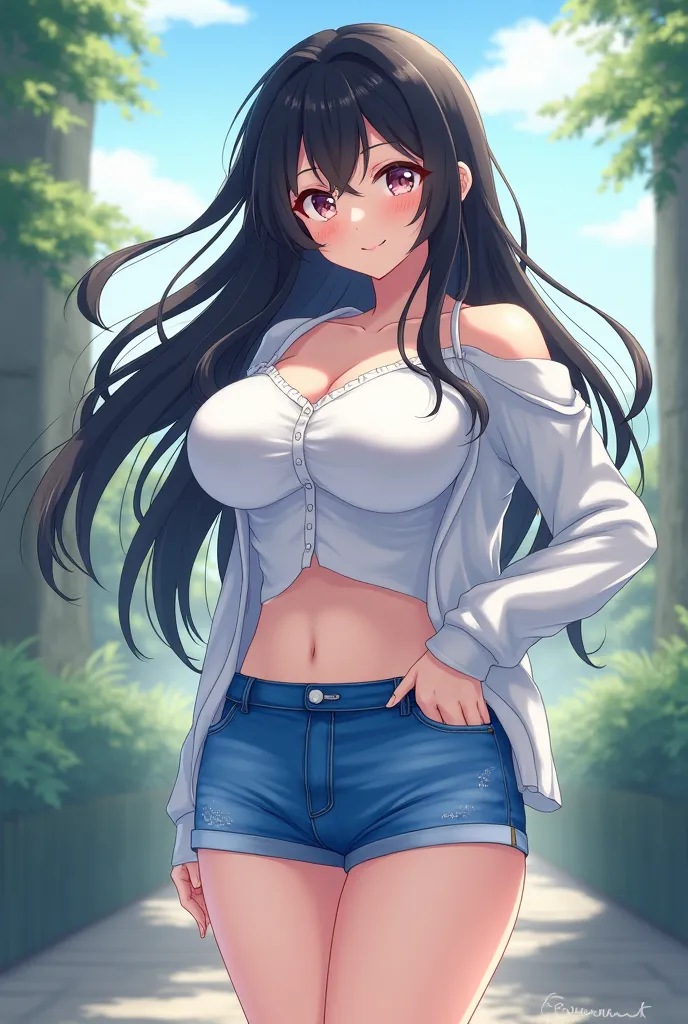 1girl, Breasts, Smile, Black Hair, Blush, High Resolution, Masterpiece, Long Hair, anime bith big boobs, teacher, wearing shorts, blue paint, tight white shirt short