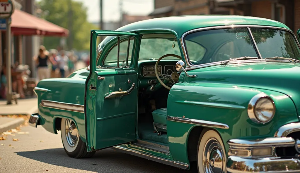 classic green old American car said door open view 