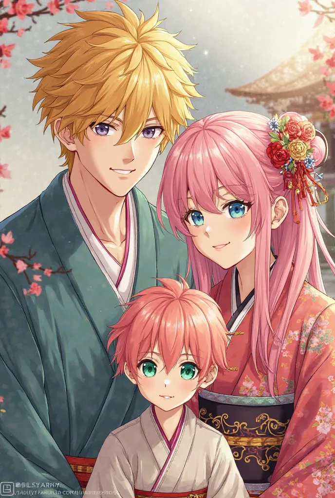 Family clothes traditional Japanese dad Yellow hair blue eyes And mom has pink hair and green eyes and has a son with pink hair and blue eyes and a girl who has yellow hair and green eyes