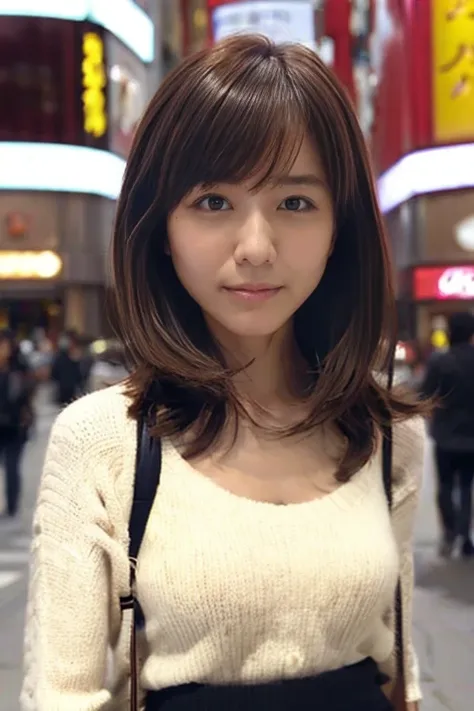 Product quality, 1 girl, Cowboy Shot, Front view, Young and pretty girl in Japan, At night, wearing a fashionable knit sweater, Wearing a mini skirt, (View your audience:1.2), (Looking into the camera:1.5), ((In the city of Ginza)), Super cute face, Glossy...