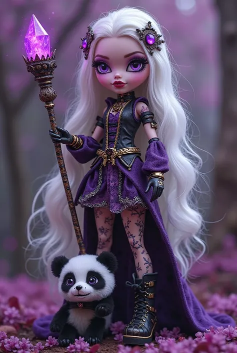 The monster high character who is a vampire has long pale hair and purple eyes has amazing clothes and high boots also has tattoos and her pet is a little panda with fangs Add to this character a magic wand that has a purple magic stone at the top