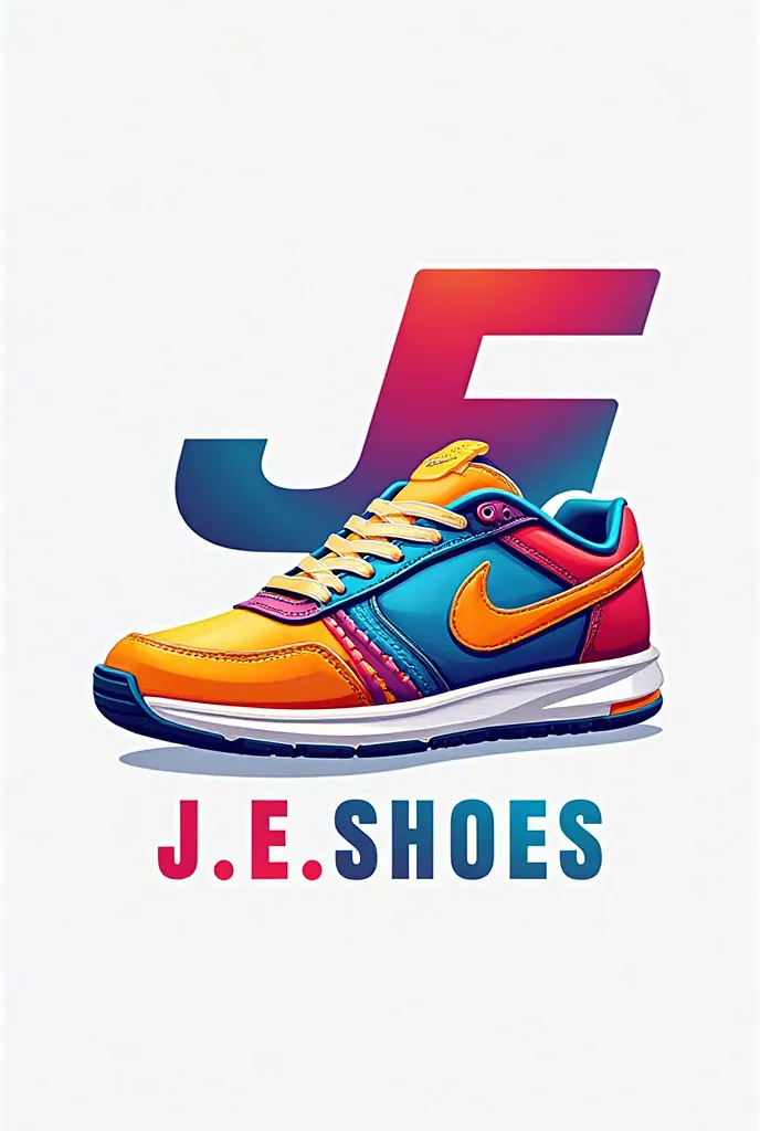 Logo 2d name J.E SHOES STORE related to the sale of tennis shoes that have striking colors on sight, where the name and the sneakers are the main factor and the unity of the family is demonstrated 