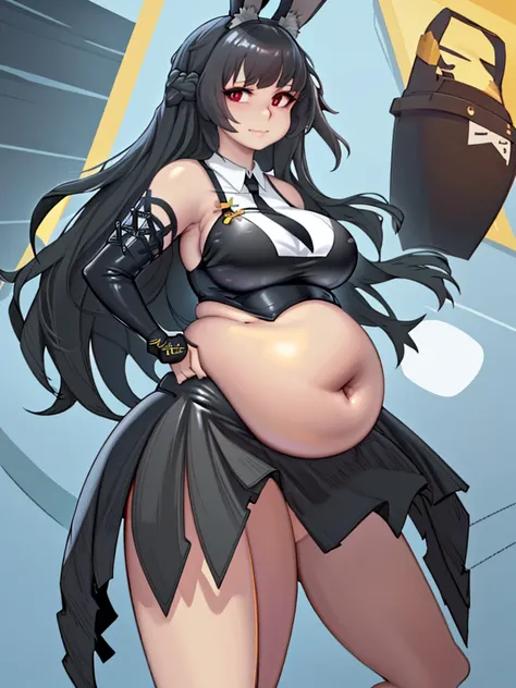 art by kipteitei, Miyabi, gentle smiling face, fair skin, long black hair, black spandex bunny girl outfit, chubby body, pot belly, fat fupa, thin face, intimate, cartoon, hands behind body, no extra details, no extra fingers, 1girl, 25-years-old