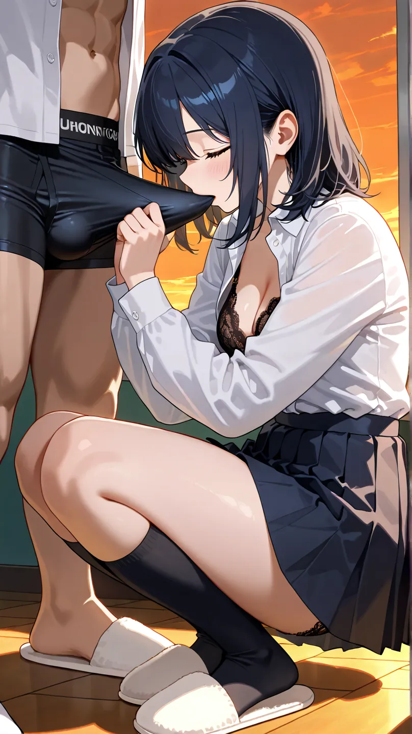 1 girl crouching, kneel,  on the floor, Hunchback, one boy stands on the girl's side, bulge,
 dark blue medium hair,  
beautiful eyes, beautiful face, 
White Collar Shirt, open shirt on the bed, lace bra, lace panties,   gray pleated skirt 、White slippers、...